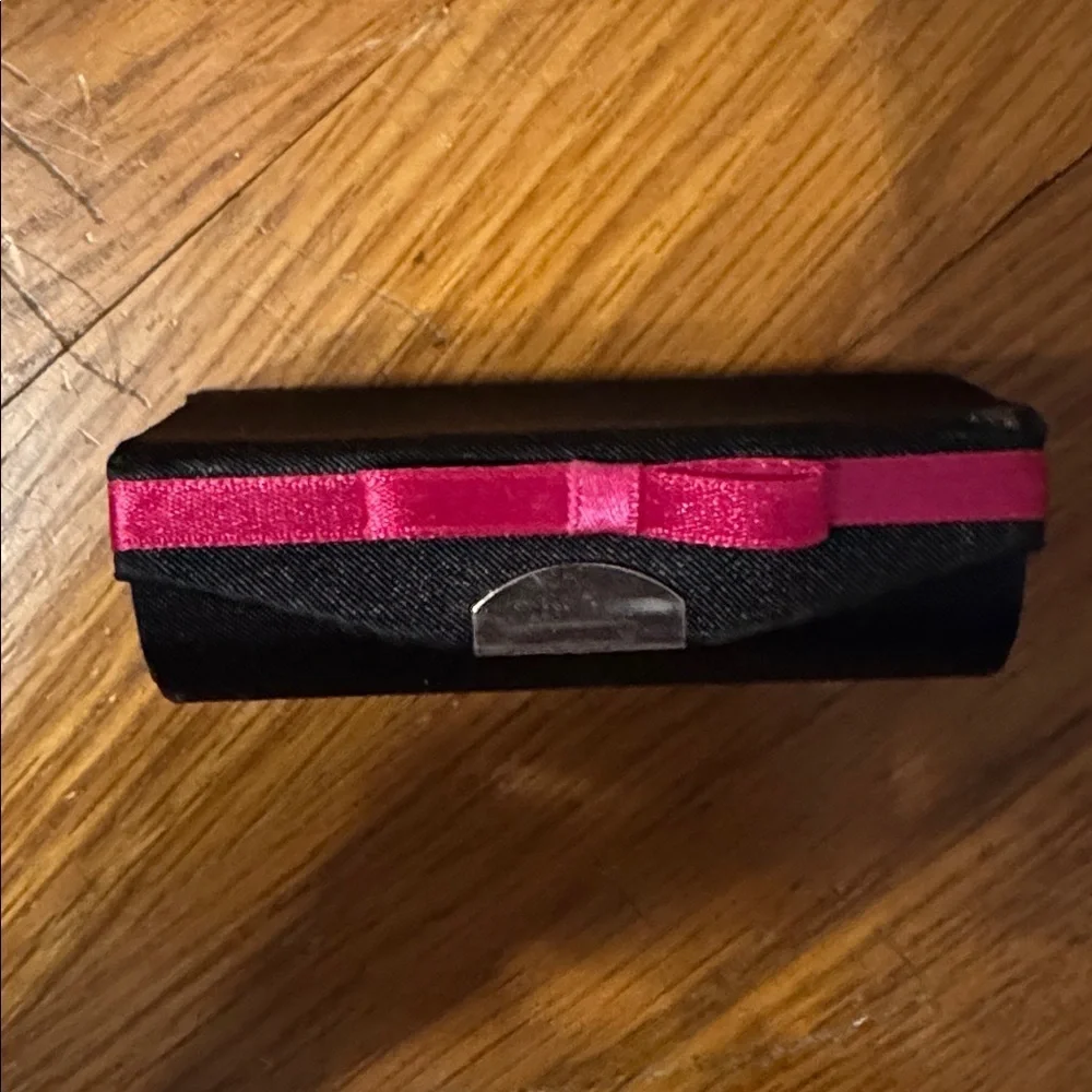 Single lipstick older satin pink black bow Case with Mirror